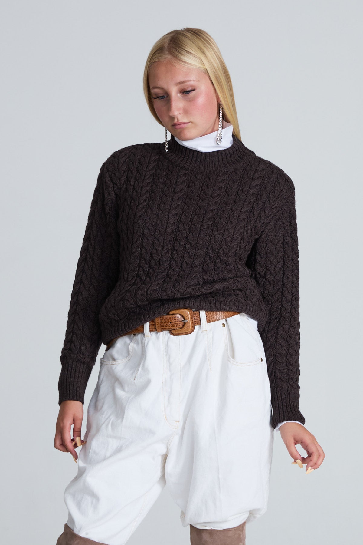 Cable-Knitted Women’s Sweater - Brown
