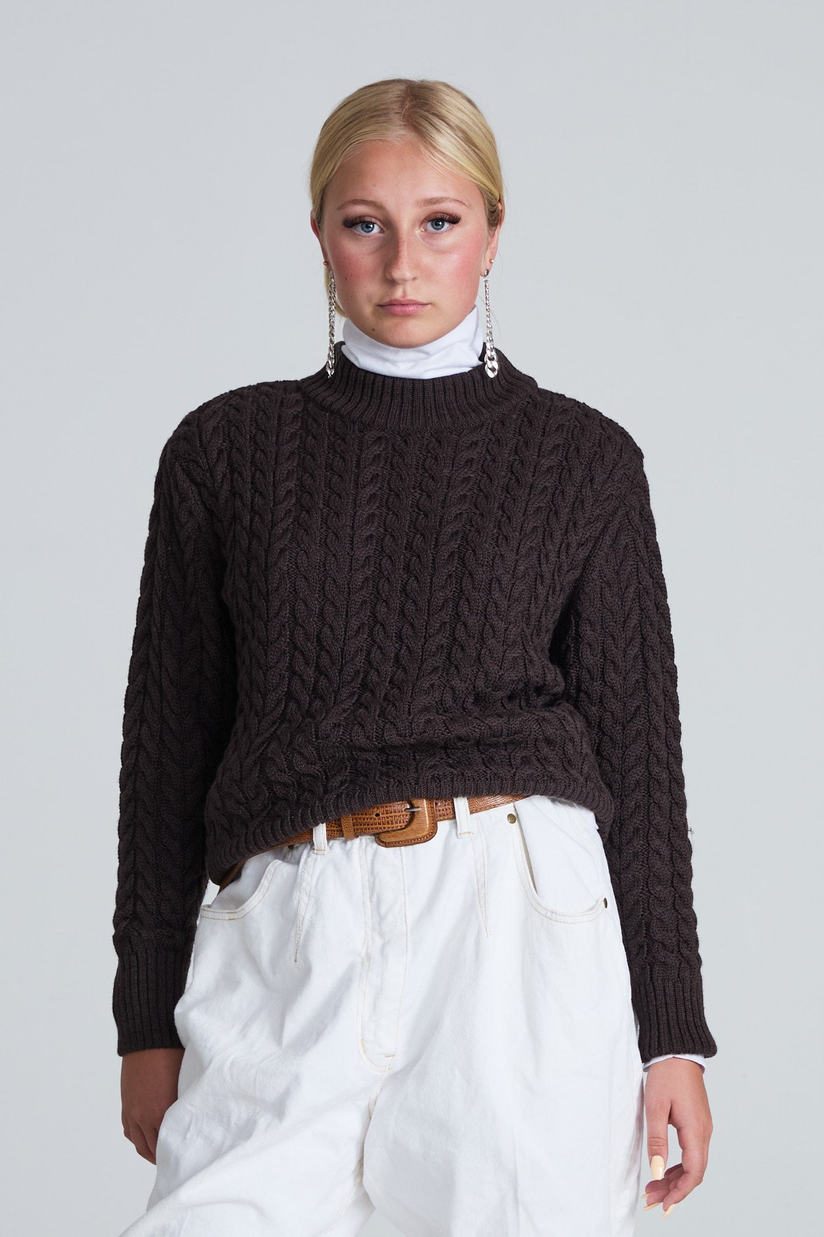 Cable-Knitted Women’s Sweater - Brown