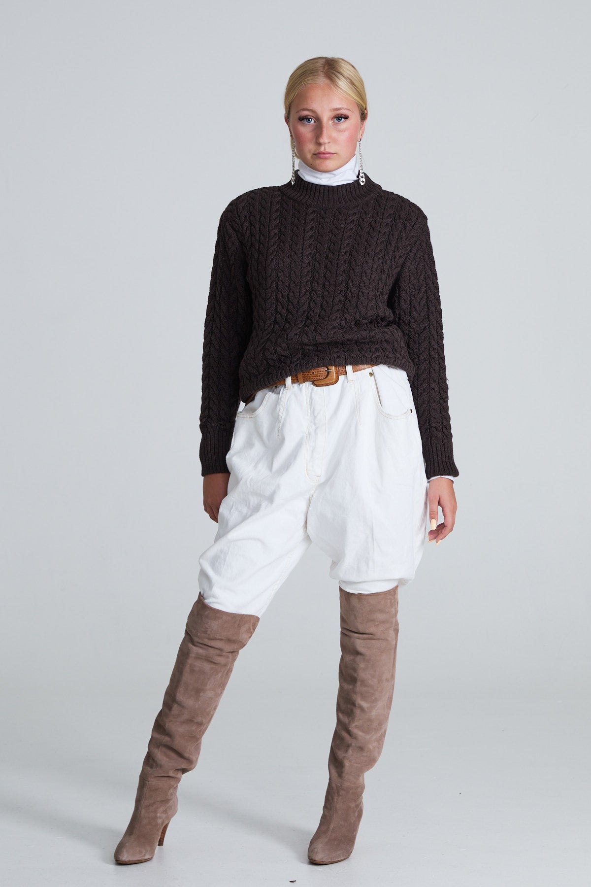 Cable-Knitted Women’s Sweater - Brown