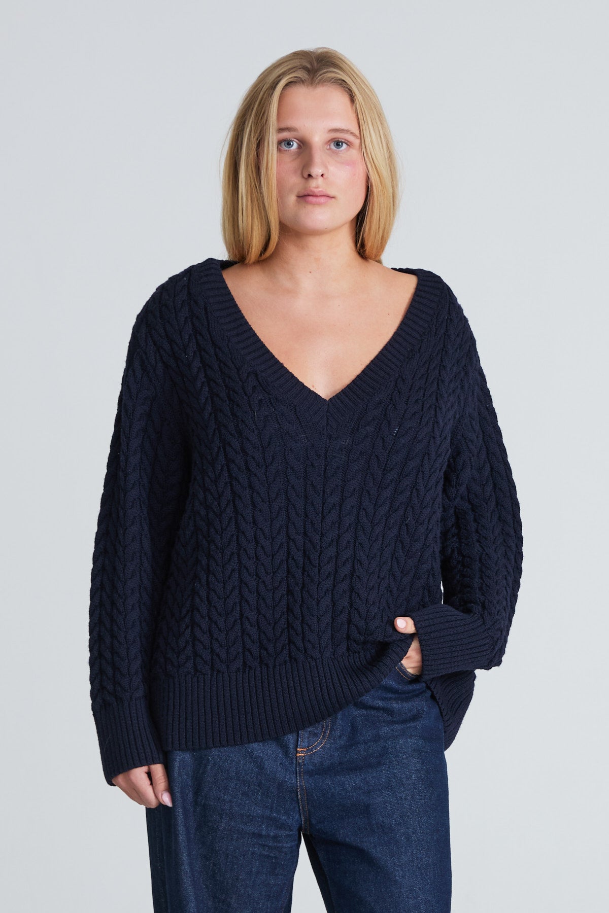 Cable-Knitted Sweater – Deep V-Neck