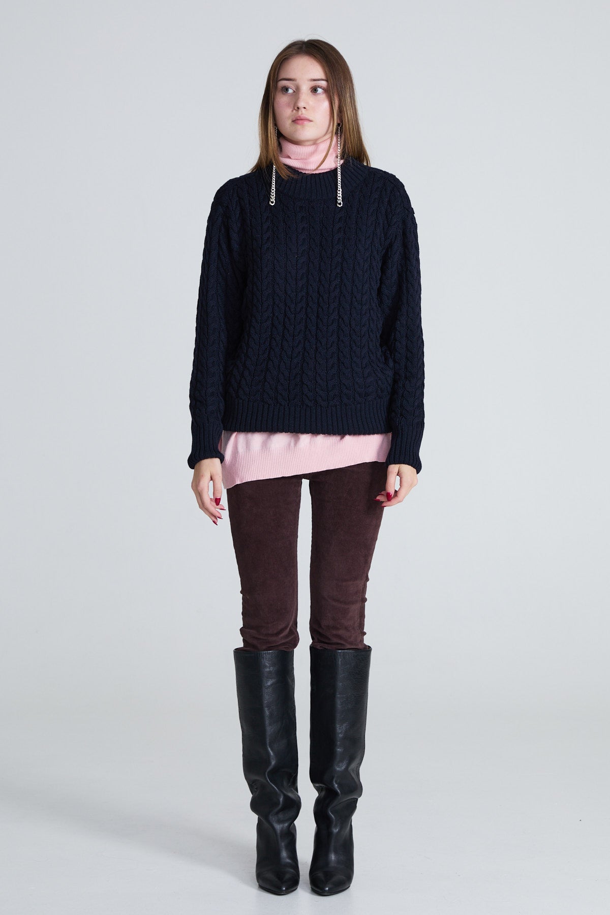 Cable-Knitted Women’s Sweater - Navy