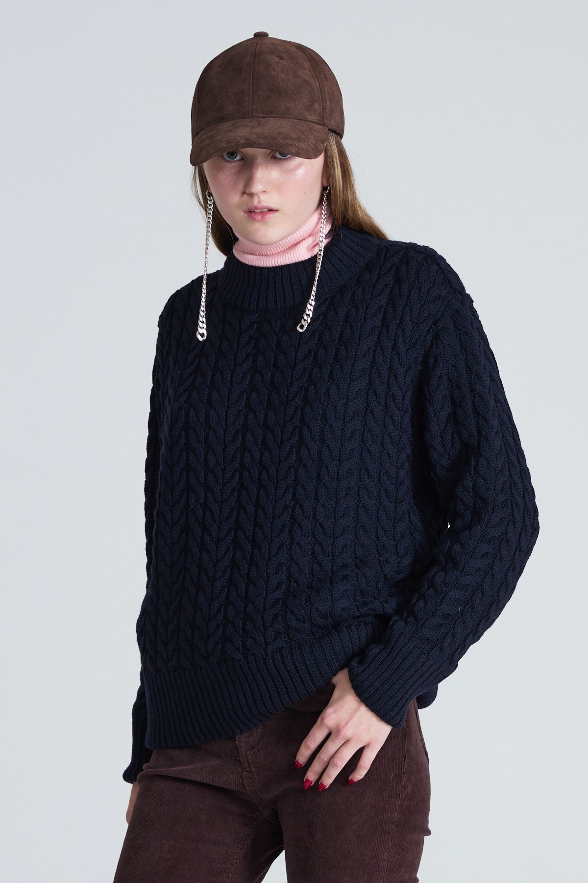 Cable-Knitted Women’s Sweater - Navy