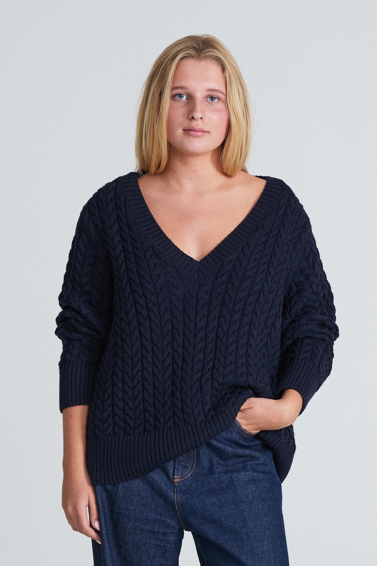Cable-Knitted Sweater – Deep V-Neck