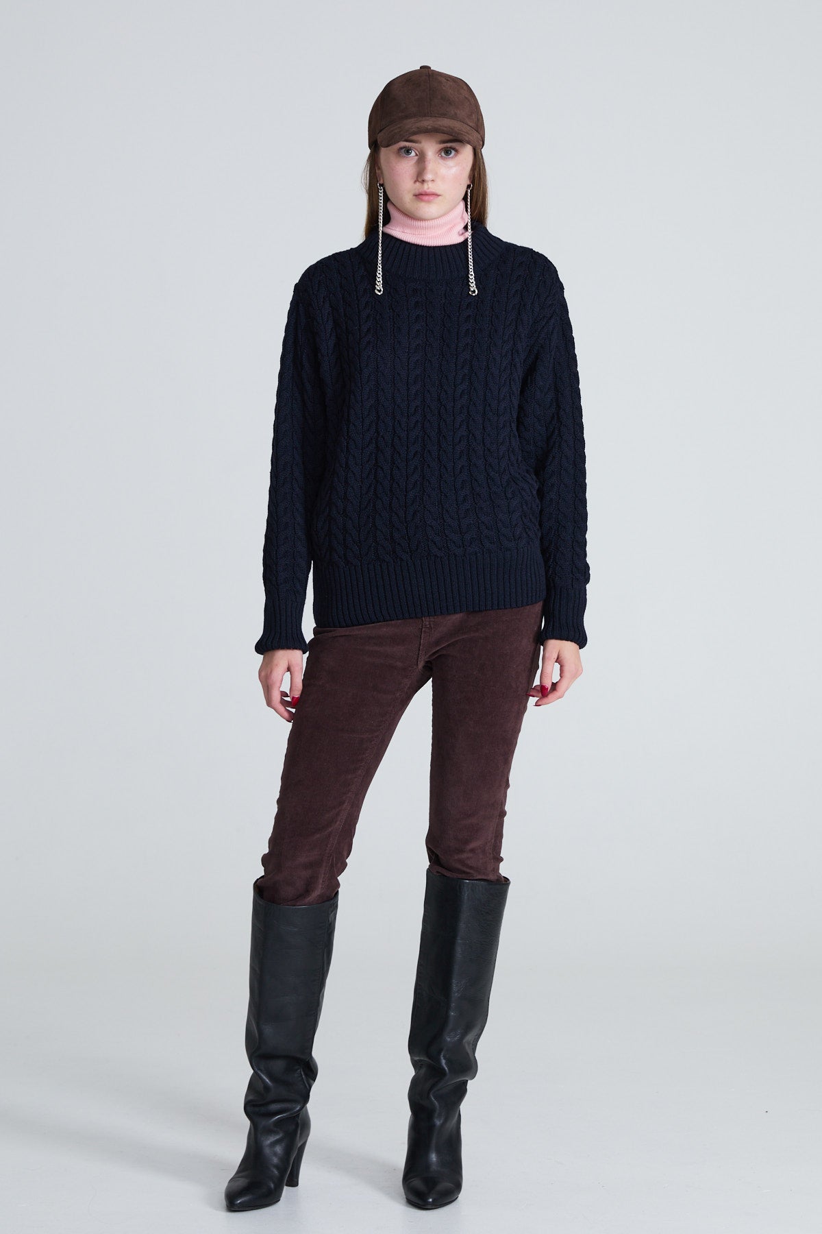 Cable-Knitted Women’s Sweater - Navy