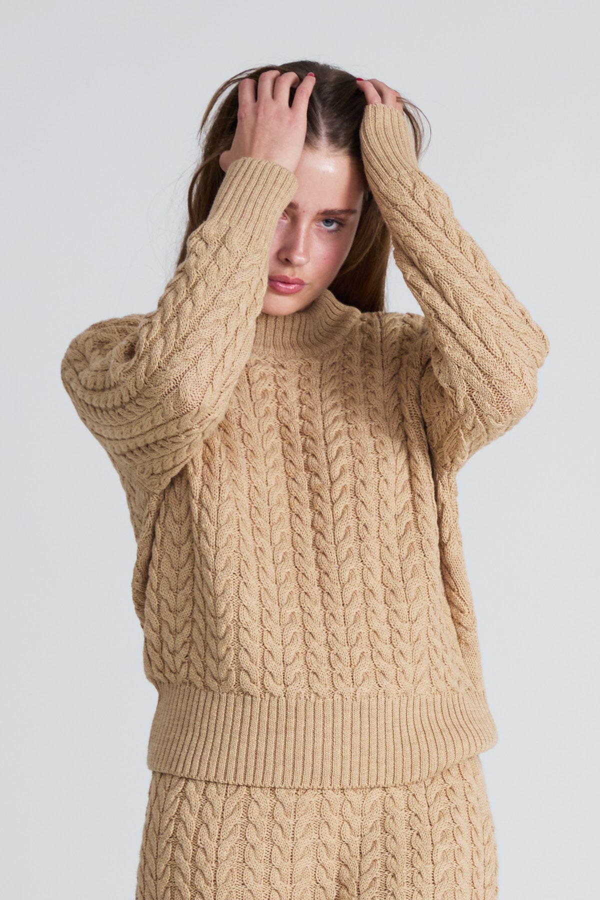 Cable-Knitted Women’s Sweater - Camel