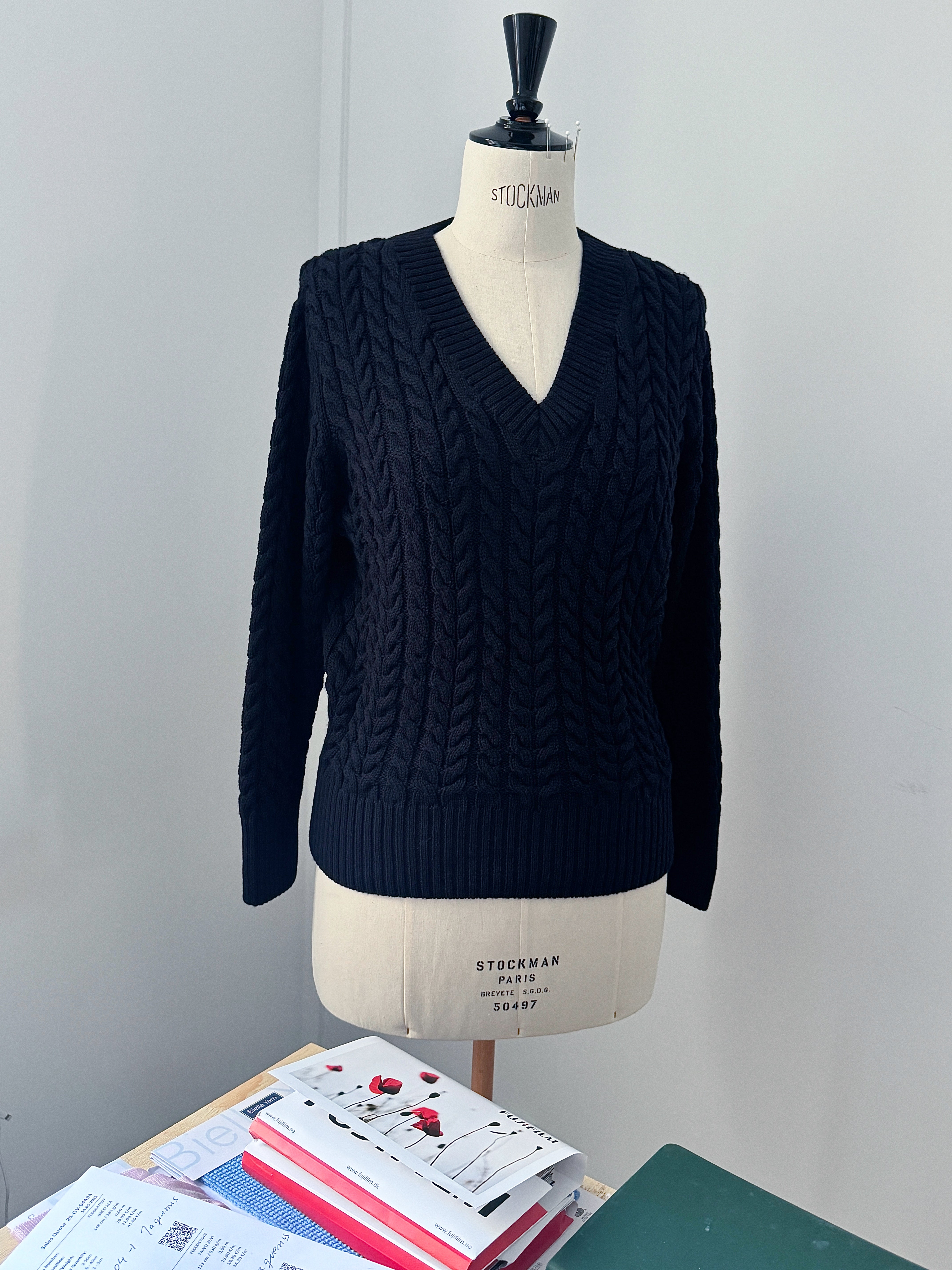 V-neck Cable-knitted Women’s Sweater Navy